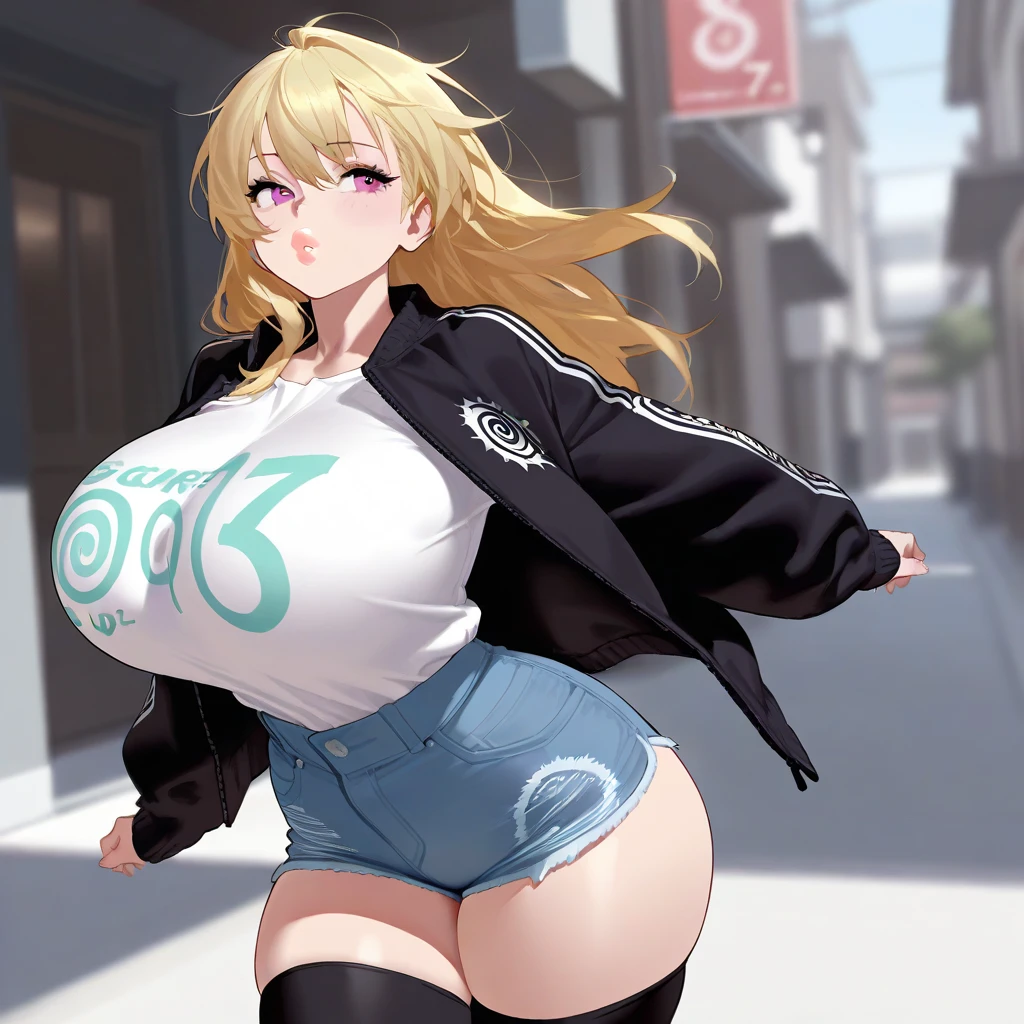 (best quality), (masterpiece), 1 girl, early 20's, huge heavy breasts, thick, thick lips, wide hips, thin waist, spiral print, thighhighs, wearing jean shorts, wearing jacket