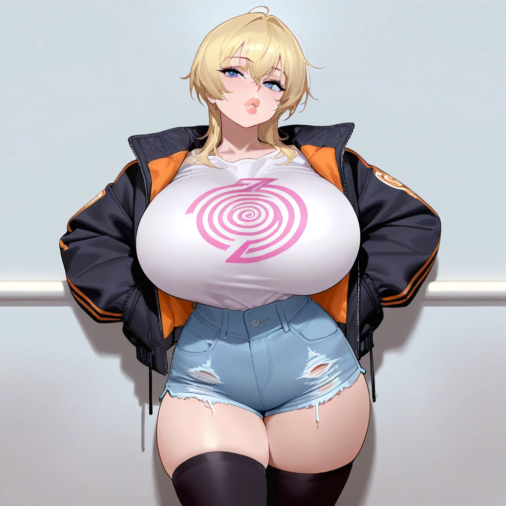 (best quality), (masterpiece), 1 girl, early 20's, huge heavy breasts, thick, thick lips, wide hips, thin waist, spiral print, thighhighs, wearing jean shorts, wearing jacket