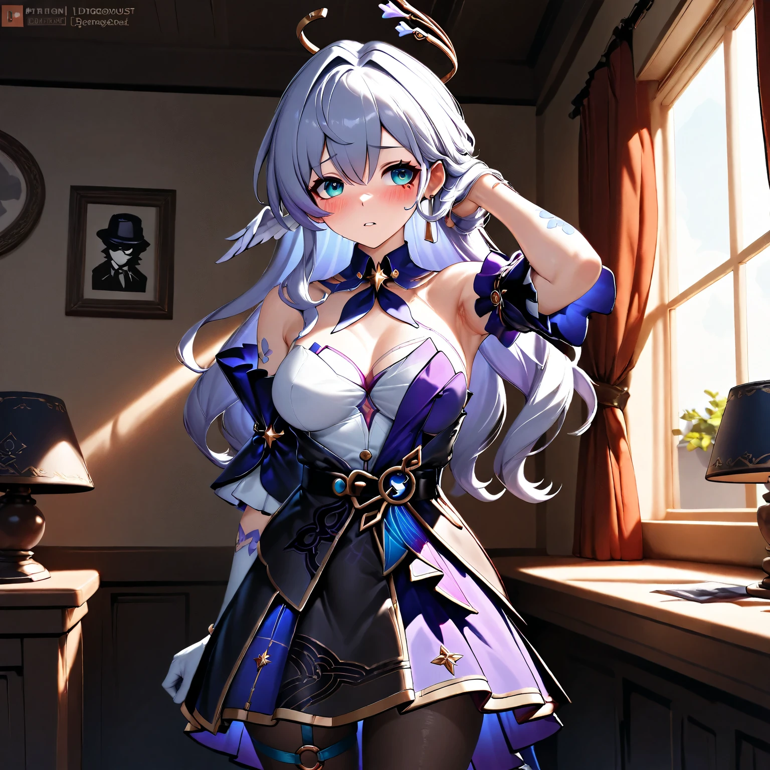 realistic image, detailed image, coherent image, 1 beautiful girl, she has very long hair, cream-colored hair. Her eyes are violet. Smiling expression. She is wearing a short dress with gray plaid, she has a curvy body, small breasts and thick thighs, she is sitting on her knees, arching her back. view from below. futuristic atmosphere, surrounded by robots, surrounded by flowers. Soft focus, Dramatic shadows, Volumetric lighting, natural lighting,