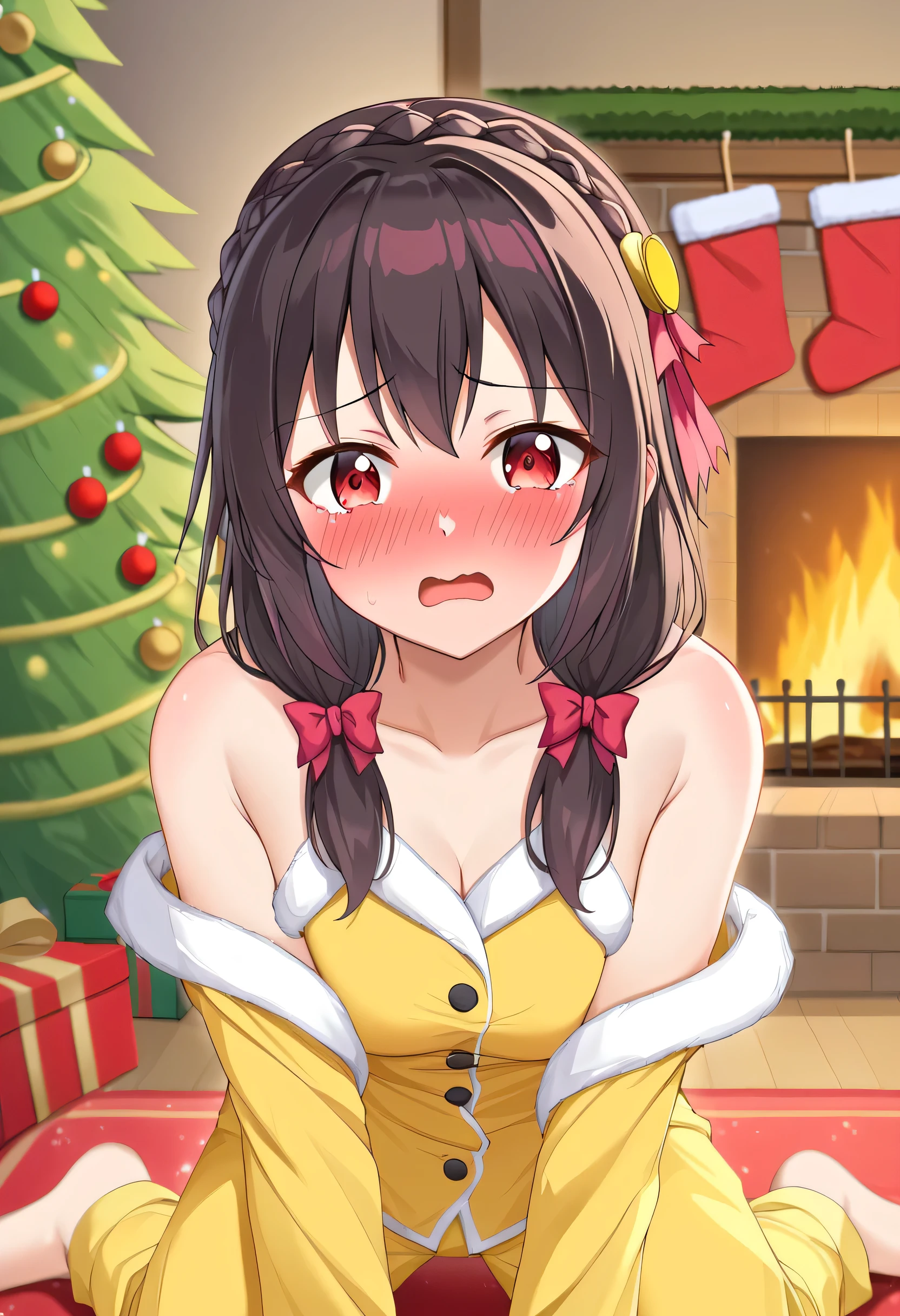 yunyun、masterpiece, top quality ,  high res,(One person), Yunyun、  crown braid the same color as hair,  black hair、 red eyes、 hair accessories, ( yellow pajamas with my shoulders out )、(blush)、( christmas tree :1.2)、( Embarrassed Expression)、 view viewer、fireplace、Minami Mouth 、( open your mouth wide)、 is a woman who seems to be strong 