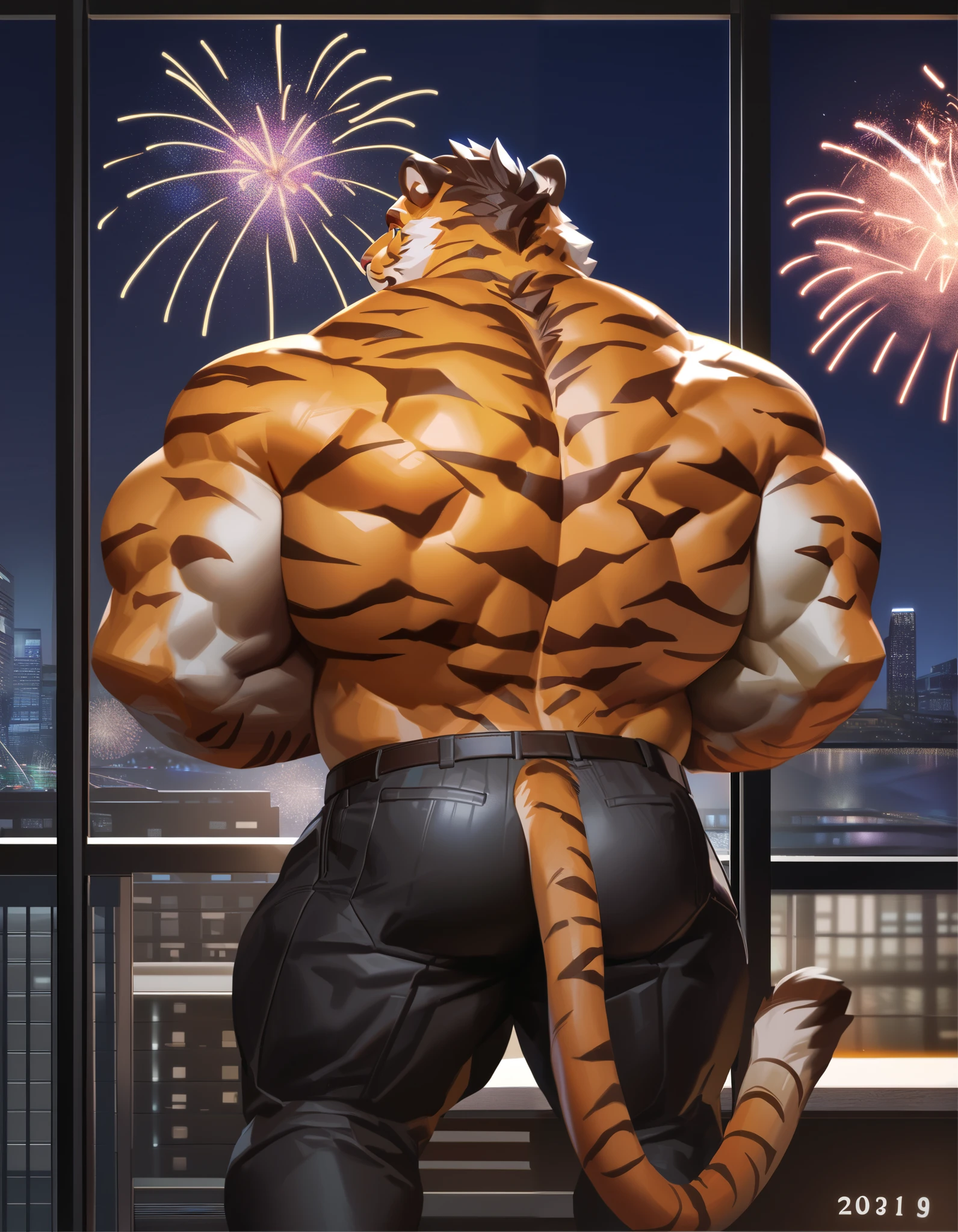 lindong, score_9, score_8, solo, 1boy, Muscular Old man, furry tiger, pants, tail, wide back muscle, shirtless, luxury, office, ((night, outdoor, view, back view, hanabi, new year, firework)), wide shoulder, pectoral, thick arms, huge pectoral, wide pectoral, city background, short hair, happy, highly detailed, 8k, photorealistic, epic heroic fantasy, Masterpiece, Anatomically Correct, Best Quality, Textured Skin, Ray Tracing, Hyperrealism, Hyperdetailed, city, zPDXL3, (negative_v2 Color_Balance_Calibration:0.8)