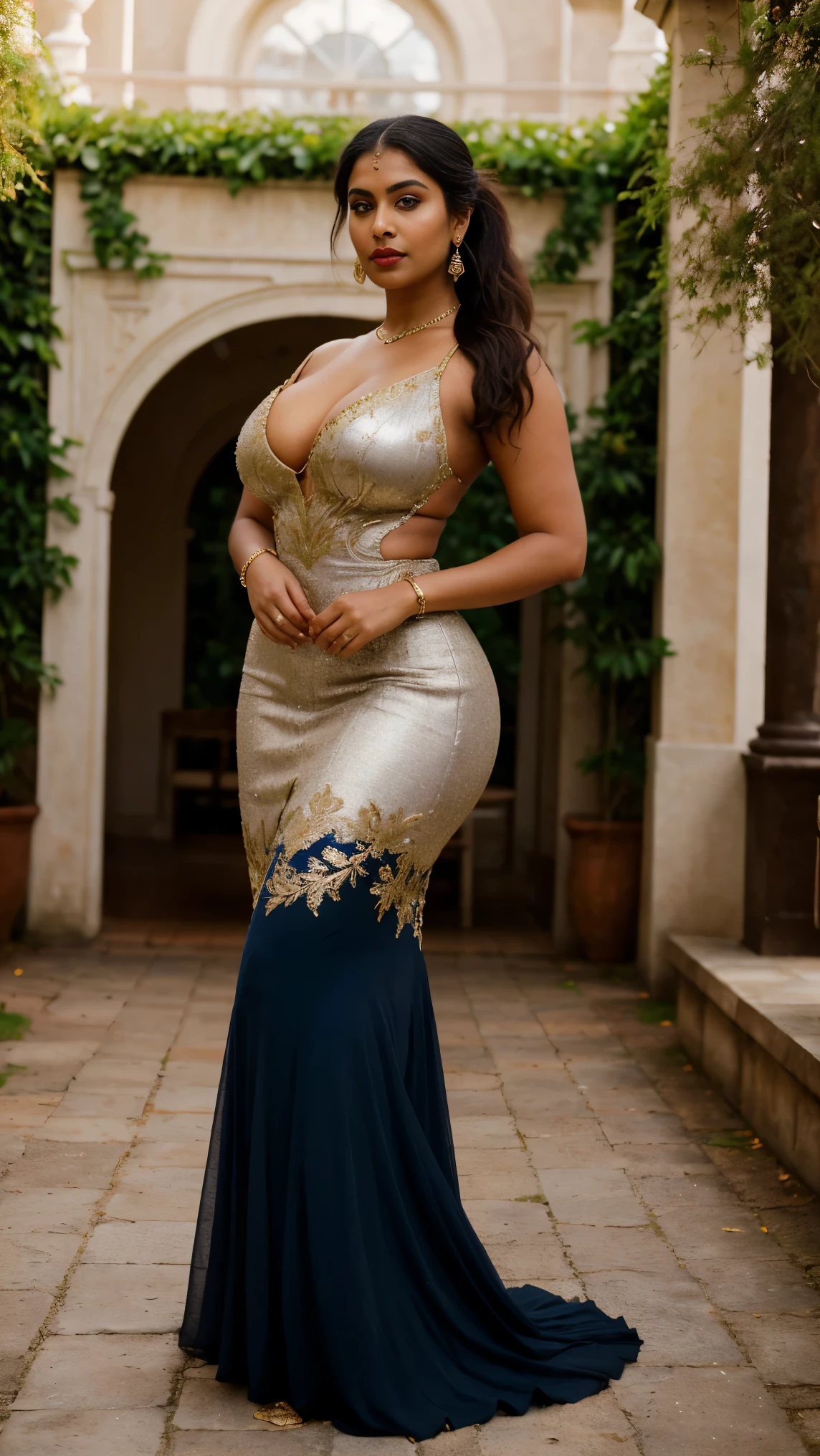 long distance photo of dark brown skinned indian milf, perfect figure, chubby face, Pretty and pretty face, long nose , Long Eyes, elegant pose, dark red lipstick, round blue eyes, Huge breasted, huge  ass, hourglass figure, ssmile, glorious beautiful face, curved, hourglass figure, ravishing breasts, wearing gold jewelry, professional model pose, elegant pose, standing in a luxurious rich and royal garden, centered shot, wearing a pink pleated dress with silver embroidery , thighs exposed, muted, ponytail, (cinematic:1.4), intricate details], (art station:1.2)