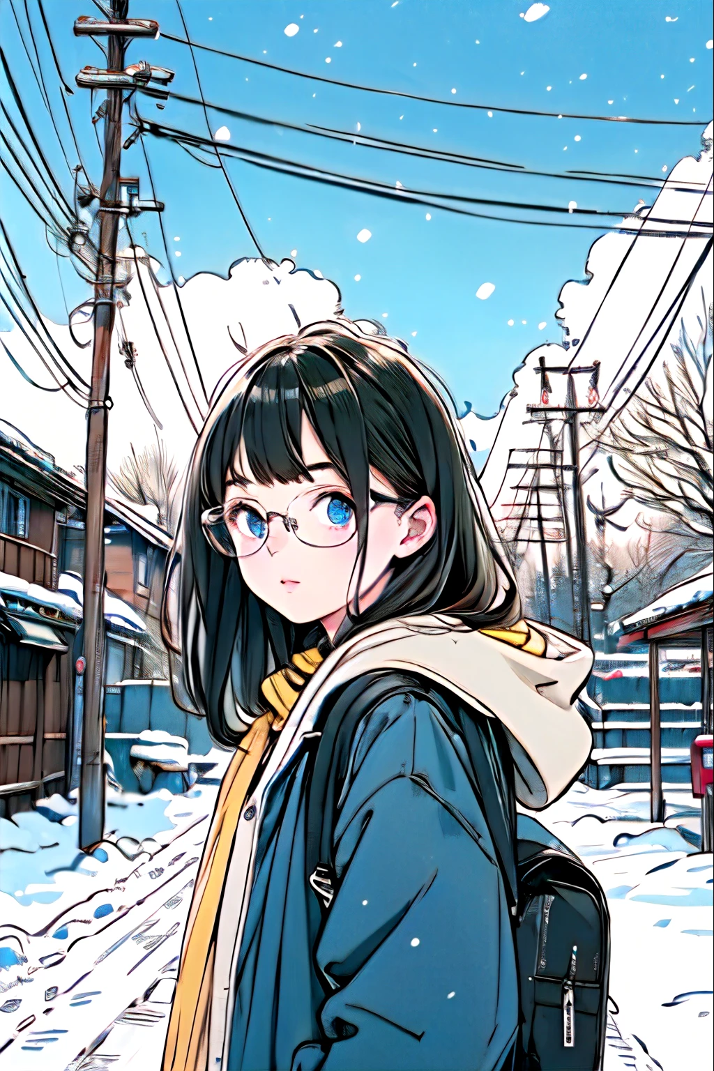 masterpiece， top quality ， high image quality ，( super flat ， FLAT SHADING )，Glasses， young girl,Long brown hair with bangs , blue eyes, Watch Viewers ,, I'm wearing a black coat , I'm carrying a black backpack on my back,  flowing hair ,wind,stands outside in the snow,snow,winter,snow is falling,Blizzard, with hands in pockets,It&#39;s bright outside,There's no sun ,cloudy, pastel color, Details， girl  &#39;Lure，