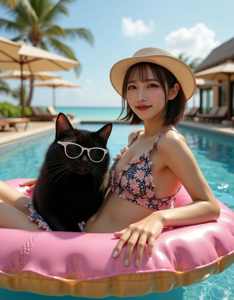 ultra-realistic, photorealistic, dramatic scene, shadow, global-illumination, solo, 1 girl\( 20 years old Japanese beautiful girl, beautiful with cute face, wearing a cute dot patterned bikini with frills, shoulder-length brown hair, accessories, elegant hat, sunglasses, holding a tropical cocktail\), 1 human-like giant black cat\( human-like giant black cat, swim trunks, slight taller than the girl, with her, sunglasses, little chubby\), the girl and human-like giant black cat are floating on the pool using an each donut float in the luxury resort hotel in Maldives, gorgeous stylish furnishings, famous 5-star hotel, amazing view of the ocean with private beach, parasols, 