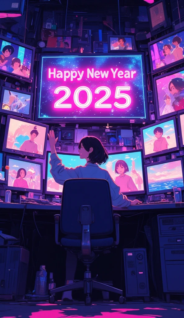 (masterpiece, high quality, high resolution, 4k, 8k, detail), woman sitting at desk with multiple monitors (profile, smiling, desk light appears bright on her face), waving in New Year's greetings, people from around the world on each monitor waving, large central monitor with “Happy New Year 2025” neon sign, LO-FI animation, scenes from online community New Year's , structurally correct body/balance