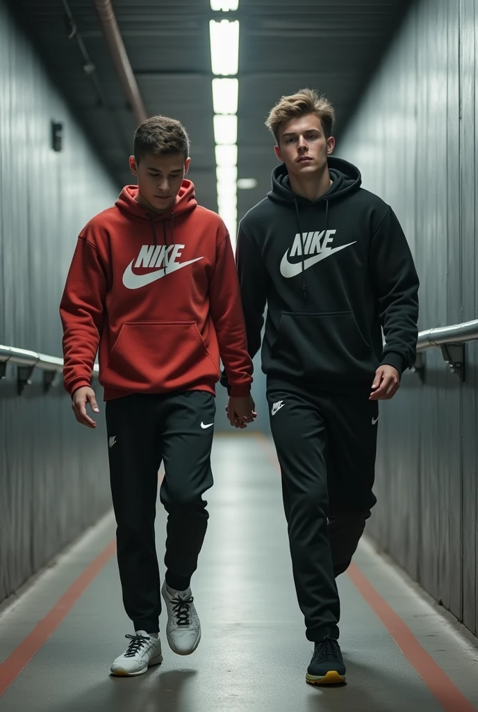 2  males posing, (((14yo sport body, atmospheric, joggers, white socks, square teen malce, full body view, focused on face, dark atmosphere, wet body, hug, red sneakers