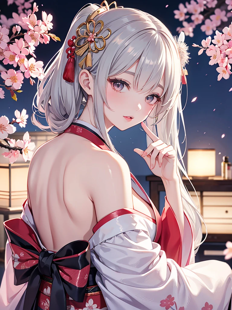 anime, female Adult , sexy(large boobs), actress, shoulder length gray hair, lipstick on her lips. She adorns Japanese attire, resembling a kimono much larger than herself, to the point that it touches the ground, with a hair ornament that ties her hair in the back,The wallpaper is a night scene of fireworks with some cherry blossom branches and she has her back to the screen.