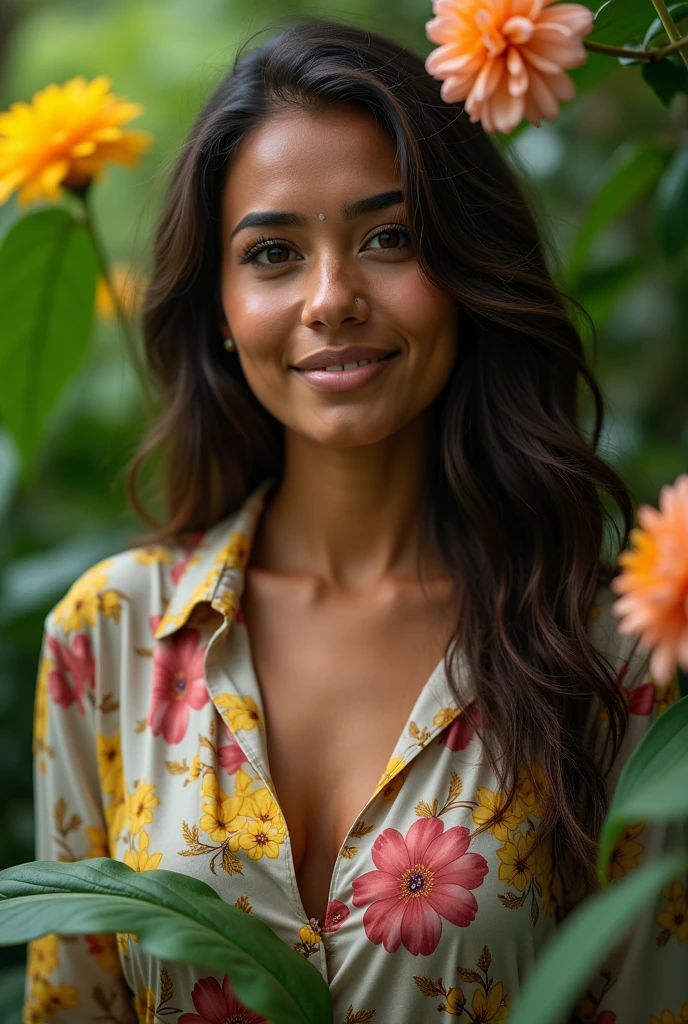 A Brazilian woman in a lush tropical garden, wearing an open shirt with a floral print, with a close-up capturing the harmonious beauty between her breasts and the natural flowers, showing off your natural charm and outgoing personality.