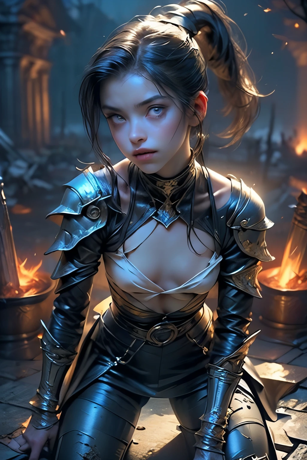 ((best quality)), ((masterpiece)), (detailed), perfect face (((mastepiece, of the highest quality, super detailed))), photorealistic, (heroic composition), (front facing), ((((Highly detailed face)))), small thin nose, Small thin lips mouth, (((Very sharp focused eyes))), ((perfect symmetrical beautiful eyes)), (resolved expression), (resolute expression), ((Dark Souls inspired)), ((Dark Souls aesthetic)), (dark fantasy), (a female warrior blessed by arcane forces), (almost inhuman beauty, like a sinister angel), (an occultic warrior priestess), (dirty, grimy, worn clothing minimal but intricate armour), (battle damaged), (torn ribbons and sashes adorning her attire blowing in the wind), (hair caught by the wind), (fiery embers on the breeze), (smoke heavy in the air), (a sense of great conflict and adversity), (holding a sword hilt with no blade), beautiful (((very small breasts))), (((little boobs))), (((tiny breasts))), (((flat chest:0.1))), (((very tiny boobs))), (((very flat chested))), ((brunette)) hair, ((long ponytail, thick ponytail, heavy ponytail)), very long eyelashes, soft lighting, kneeling, penitent, submissive