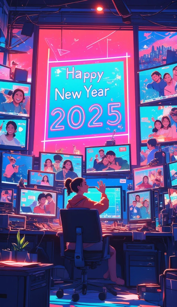 (masterpiece, high quality, high definition, 4k, 8k, detail), woman sitting at desk with multiple monitors (profile, smiling), bright room, waving to monitors with New Year's greetings, looking back, people from around the world on each monitor waving, large central monitor with “Happy New Year 2025” neon sign, LO-FI animation, online community New Year's  scene, structurally correct body/balance,