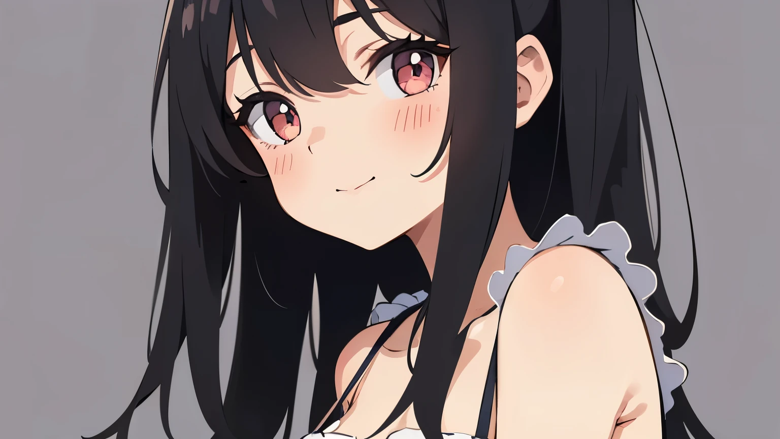 Sitting on a black sofa,looking ahead,from above,handjob,side view,face focus,open mouth,tongue out,cum on tongue,Licking a white dildo,(1girl,Beautiful 14 year old girl),((Slender,Small breasts,Baby Face,Small face,)),looking at viewer,Black Hair,bangs,two side up,Gray Eyes,Drooping eyes,slit pupils,narrow eyes,ollarbone,white t-shirt,off-shoulder look,bare shoulder,Denim shorts,Beautiful and detailed anime art,Mischievous smile,Dimly lit room,Simple Background,Gray background,Low lighting