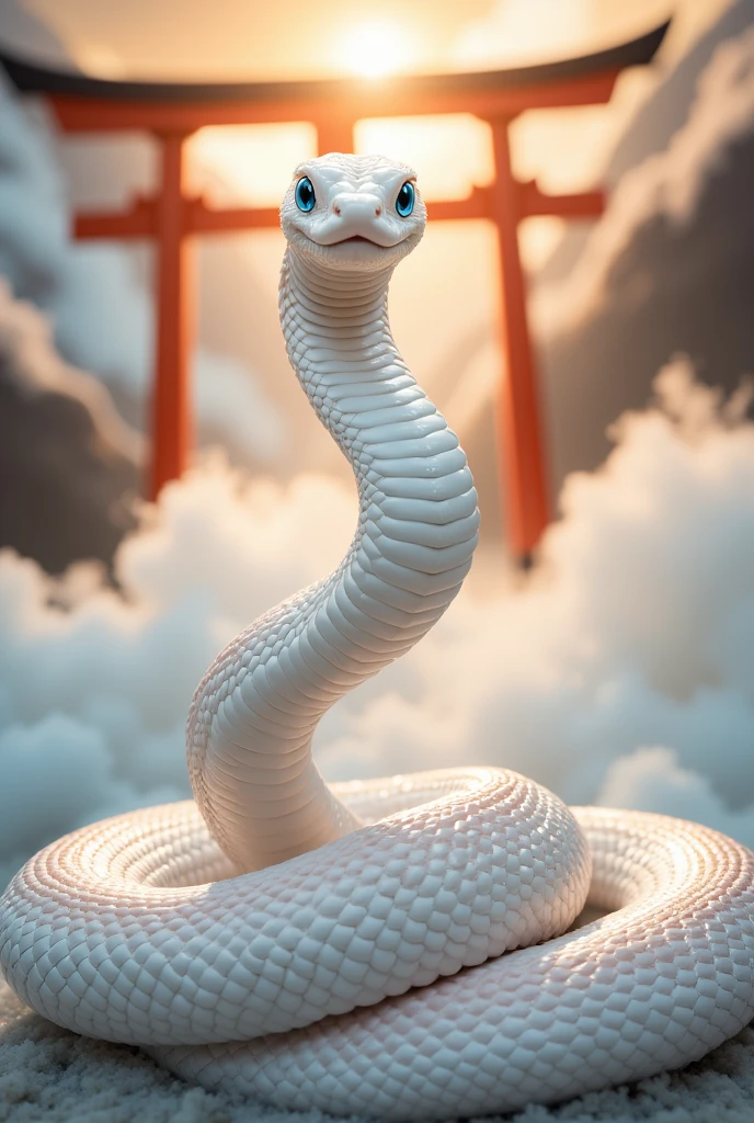 A realistic photograph with the prayer "Resurrection and Rebirth" beautifully written in gold calligraphy. A sacred white snake coils gracefully. Its shimmering scales have a pale pink pattern and reflect the light like glass. The snake is poised and gazes at the viewer with its sparkling blue eyes, exuding strength and grace. In the background, a glowing spiritual cloud covers the image, and a vermilion torii gate can be seen faintly in the distance. front view, 