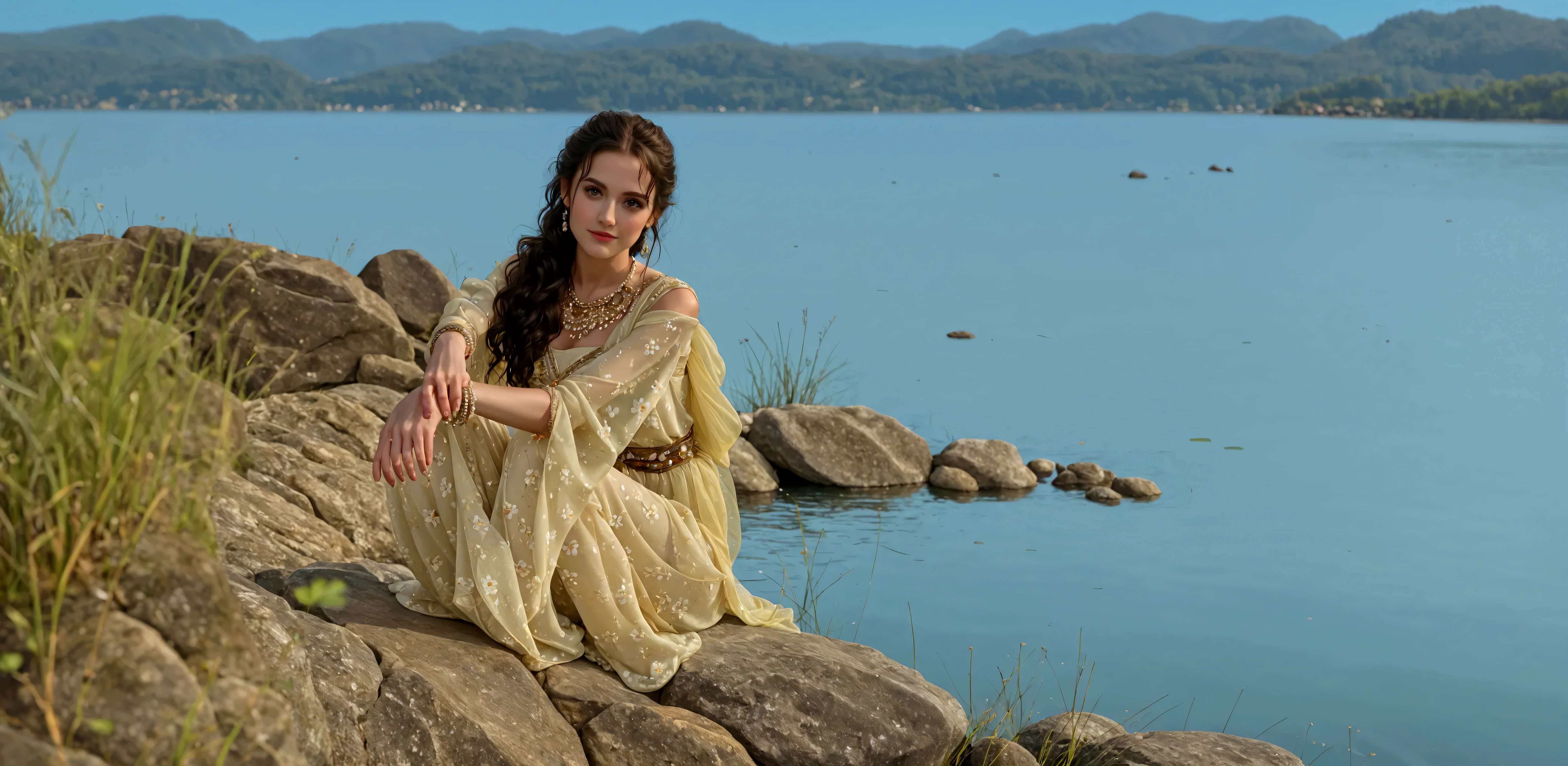 there is a woman sitting on a rock by the water, movie stills photography, stylish pose, in lake, with lovely look, full pose, wonderful scene, dressed in a sari, movie stills, near a jetty, pose, awardwinning movie still, near a lake, shot on nikon d 3 2 0 0, actress