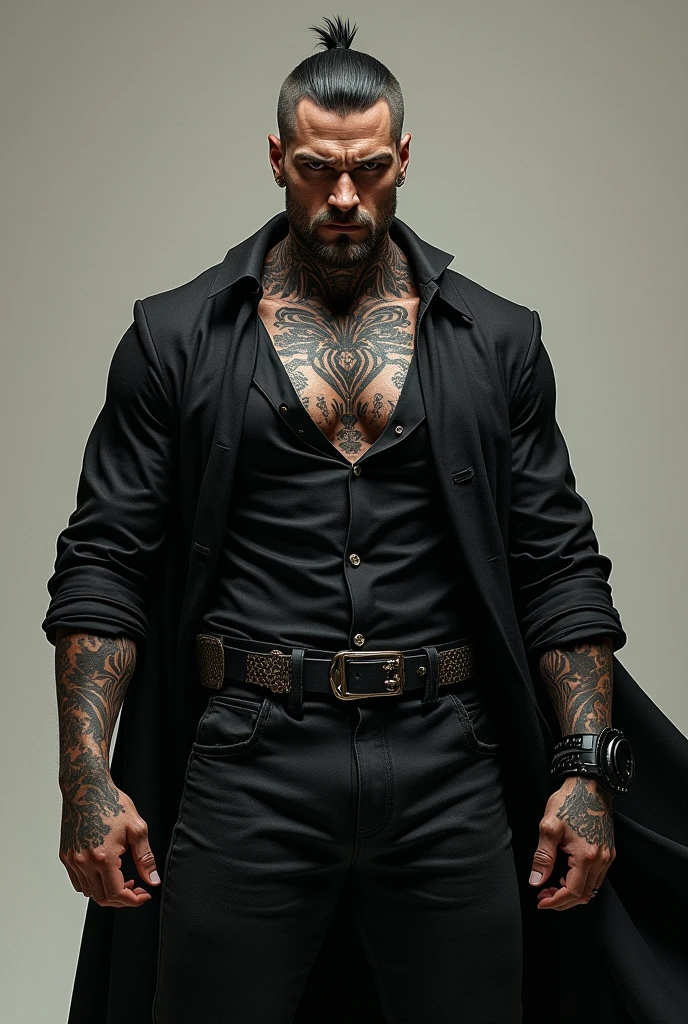 Young man without beard or mustache, sexy, delgado, fitted jeans, tattoos on chest and arms, Brown hair, Honey eyes, with black cape, shirtless, semi short hair, sexy
