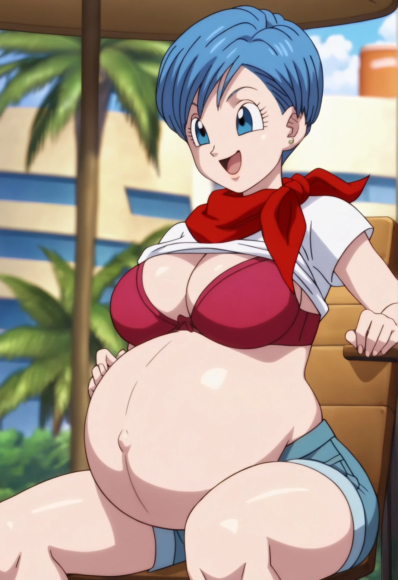 Bulma - dragon ball, 1girl, (((bimbo))), long black hair, purple eyes, ear rings, (((bimbo))), puffy lips, painted lips, thick lips, erotic smile face, pregnant belly, big belly, wide hips, thick thighs, huge round ass, enormous natural breasts, shiny oily breasts, string bikini, island, nsfw
