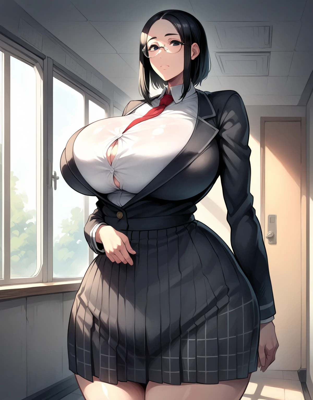 1 girl, alone, huge breasts, black hair, black eyes, indoors, empty classroom, empty folders, day, white skin, female school uniform,  black school jacket that frames your figure closed, jacket reaches to the hips, white shirt, red tie, black plaid skirt, wide hips , medium hair, glasses, expressionless look, mouth closed, standing, facing the viewer, calm, masterpiece, best quality, incredible quality, very aesthetic, absurd, the newest, wide hips, slanted eyes, hair between the eyes, face elongated, huge breasts, american plane, portrait, straight bangs, medium hair, straight bangs, hair covers the forehead, medium hair with straight bangs, salón de clases grande, frontal angle, erección mamaria, wide waist, plump body, 