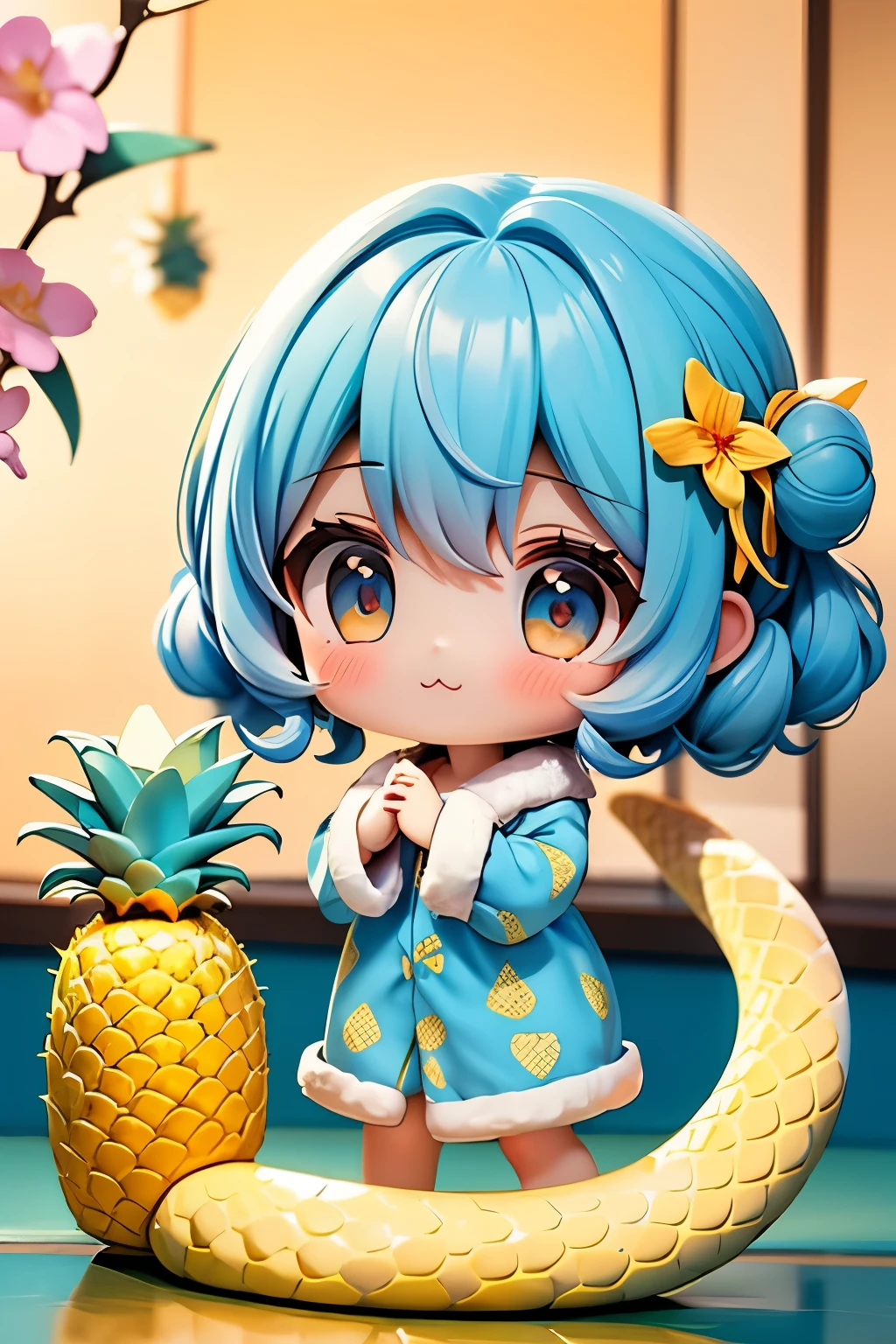 ( masterpieces at the front door of the house, fresh pineapple :1.2)、(Anime Moe、Chibi Body、 thin legs 、Light-reflecting skin、 white skin、Delicately drawn fingers、 light blue hair color, Short chignon hair、 curly hair 、 hair accessories、Golden Eyes、:3, :1.1)、( with pineapple background、pajamas with fur、Light and Shadow:1.2)、(Moonrise Night、Big white snake、 Happy New Year:1.4)