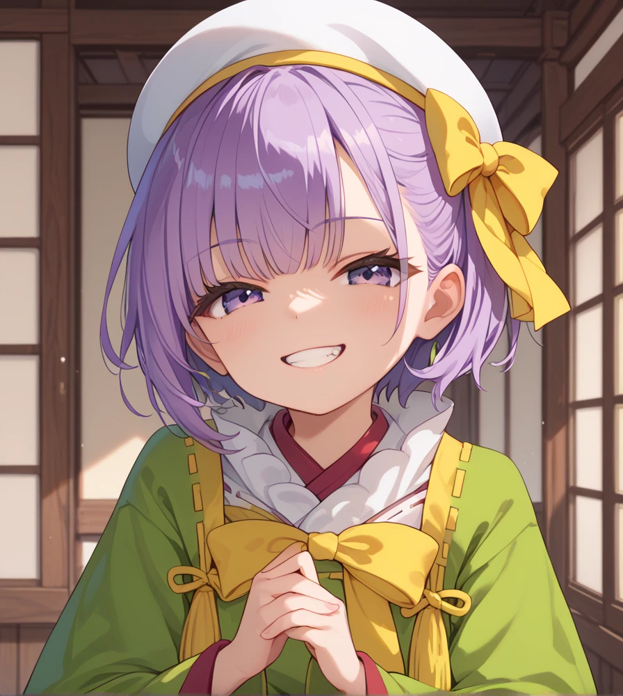 ((masterpiece,best quality:1.2)),Kazuradrop,smile,grin smug,(white beret:1.2),((purple hair)),purple eyes,short hair,single sidelock,((yellow ribbon:1.3)),green japanese clothes,frills,wide sleeves,long sleeves,light blue shorts