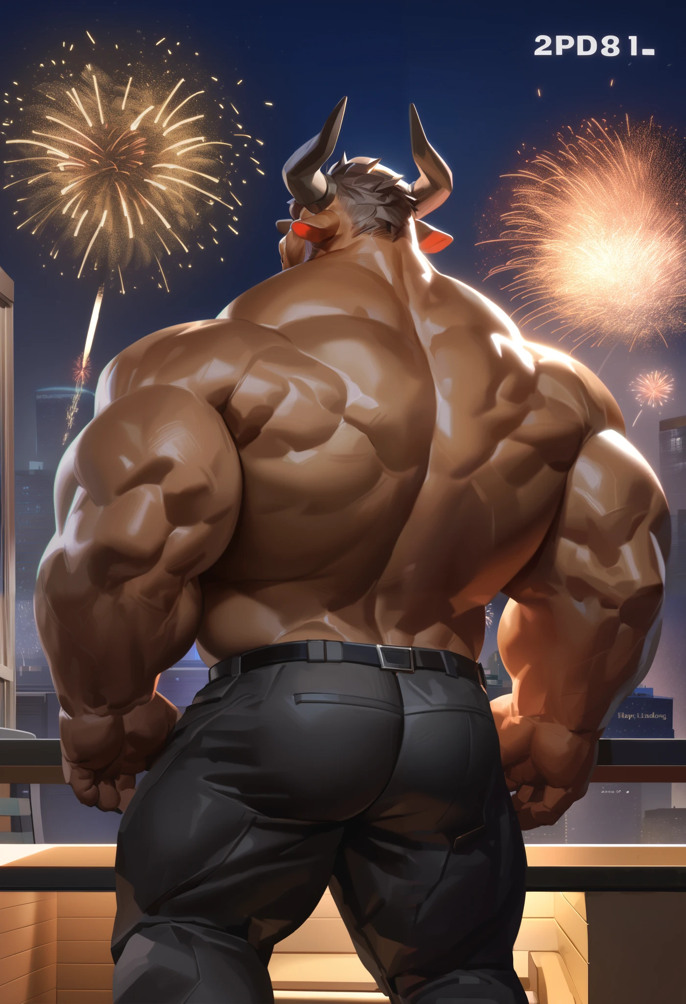 lindong, score_9, score_8, solo, 1boy, Muscular Old man, furry bull, pants, wide back muscle, shirtless, luxury, office, ((night, outdoor, view, back view, hanabi, new year, firework)), wide shoulder, pectoral, thick arms, huge pectoral, wide pectoral, city background, short hair, happy, highly detailed, 8k, photorealistic, epic heroic fantasy, Masterpiece, Anatomically Correct, Best Quality, Textured Skin, Ray Tracing, Hyperrealism, Hyperdetailed, city, zPDXL3, (negative_v2 Color_Balance_Calibration:0.8)