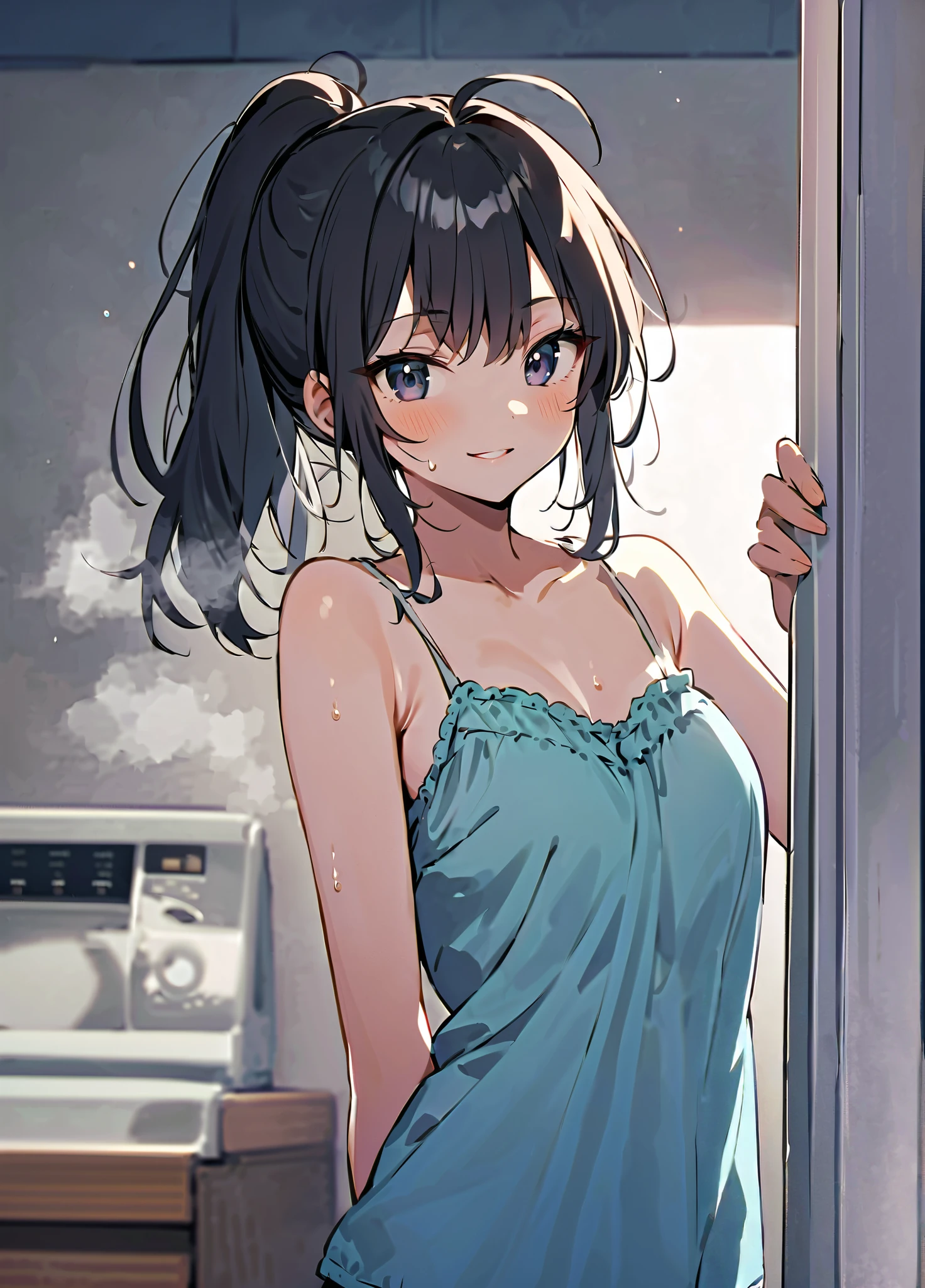 Dark Haired Girl, Light blue micro bikini and white low apron, Small Hips, Large Breasts