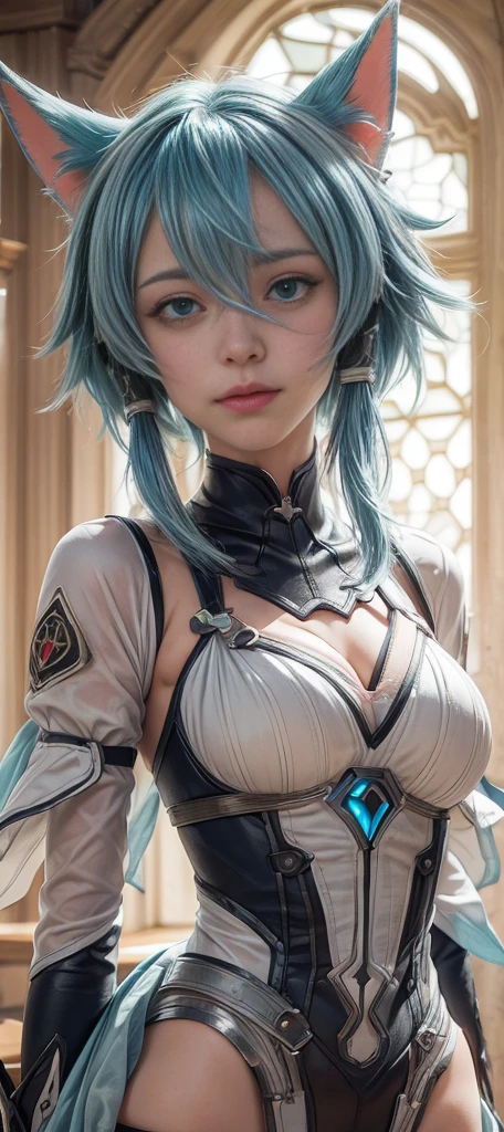 a beautiful elf, 1girl, woman, Bangs, white hair, Perfect face and eye, perfect anatomy, White Cloak, (((blue-streaked white hair))), ABS, muscle, (((asymmetrical hair))), knight lady, (((female knight blue attire))), intricate silver armor, Forest background, cgsociety, dramatic, cinematic lighting, fine expression, fine detail, a digital painting by Yusuke Murata.