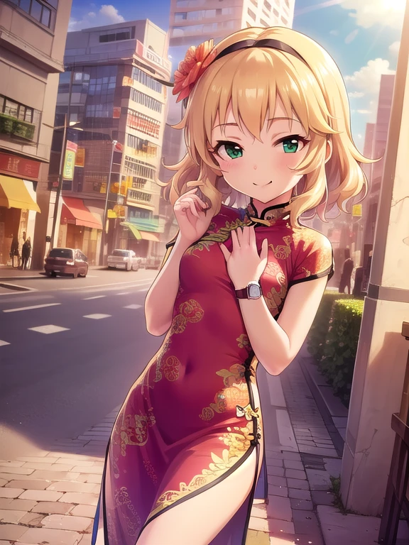 (masterpiece,  top quality :1.2),  illustration, ( One Girl ,Alone), nsfw,  Watch Viewers ,  sunny day,  shining sunlight , city
, short blonde hair,  green eyes, hair, smile, , wavy hair, hairband, flower, hair ornament,( china dress:1.1)
,  happy  
, Put your hands on your neck