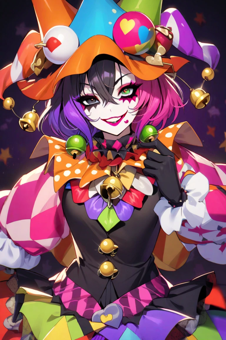 Cute , Handsome clown man with gray eyes, pink and black hair, Lila Vanrouge as a Clown, Black  and Green Jester hat, Massive thighs, Huge ass, High Aesthetic, masterpiece, High quality ,solo,((clown))，clowncore, Anime