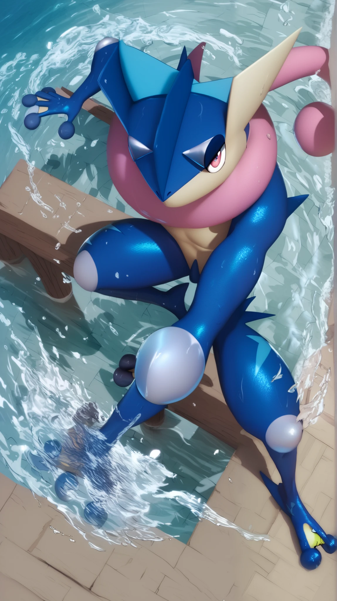  score_9,  score_8_above,  score_7_above,  score_6_above,  score_5_above,  score_4_above,   source  _ hairy, pokemon (creature),  greninja _predetermined, Alone, de pie sobre una pierna, Water,  full body, Ojos rojos, bright paboveils, white paboveils, eyes, male  greninja , FRONT POSE, legs open front below,  seductive look