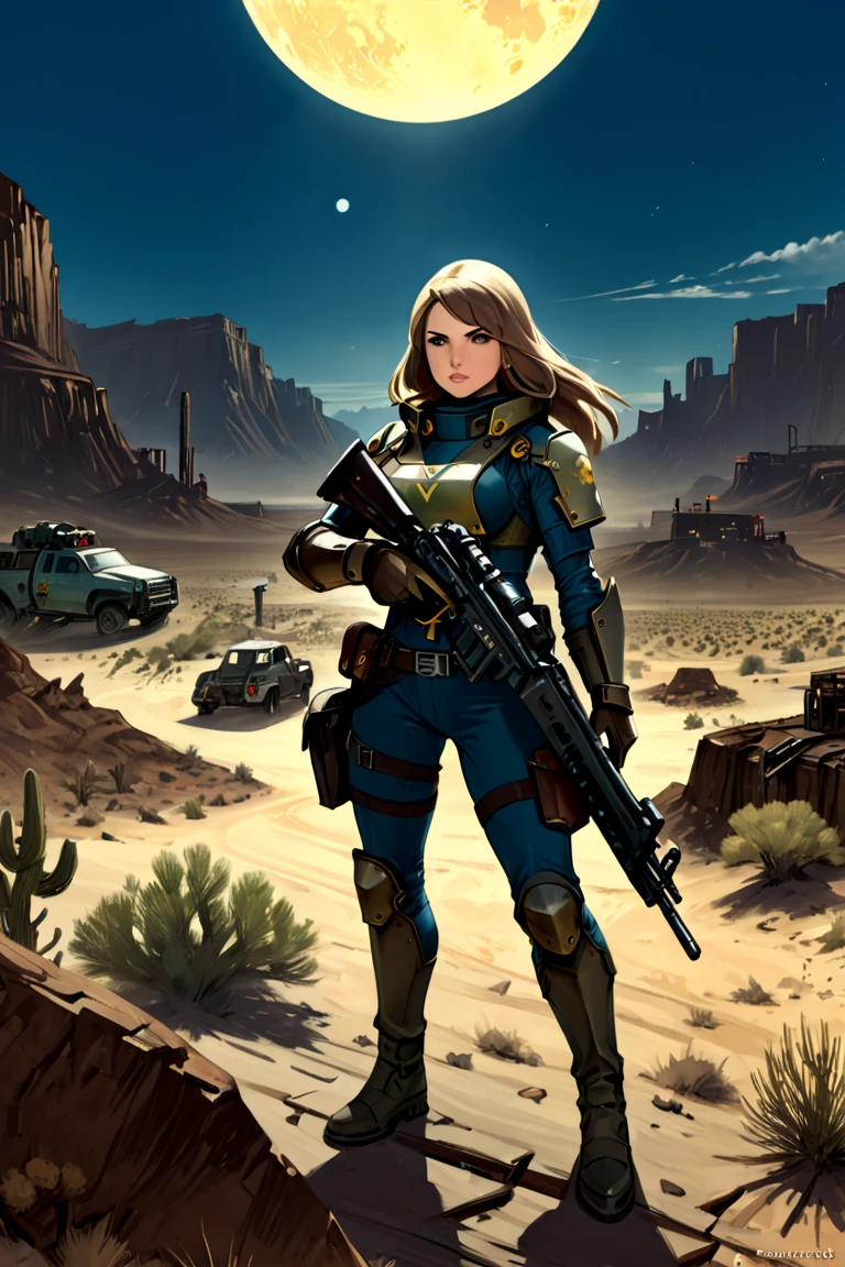 Game "Fallout New Vegas"(extremely intricate:1.2), Post apocalyptic scenario,  1girl ,weapon, 1girl, gun, armor, rifle, long_hair, figthing pose. a poster that says desert ranger protect our home,  pulp magazines, inspired by Gregory Manchess, # sci - fi,  fallout, hunter alone in the wilderness, depicted as a scifi scene, great old one, , outer worlds,Game "Fallout New Vegas" Post apocalyptic scenario, desolate atmosphere, dystopian landscape, comic style 1.0