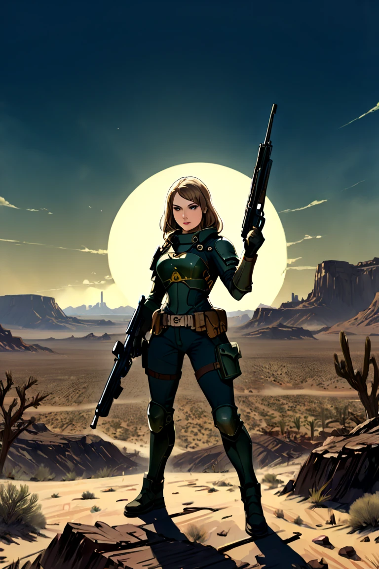 Game "Fallout New Vegas"(extremely intricate:1.2), Post apocalyptic scenario,  1girl ,weapon, 1girl, gun, armor, rifle, long_hair, figthing pose. a poster that says desert ranger protect our home,  pulp magazines, inspired by Gregory Manchess, # sci - fi,  fallout, hunter alone in the wilderness, depicted as a scifi scene, great old one, , outer worlds,Game "Fallout New Vegas" Post apocalyptic scenario, desolate atmosphere, dystopian landscape, comic style 1.0