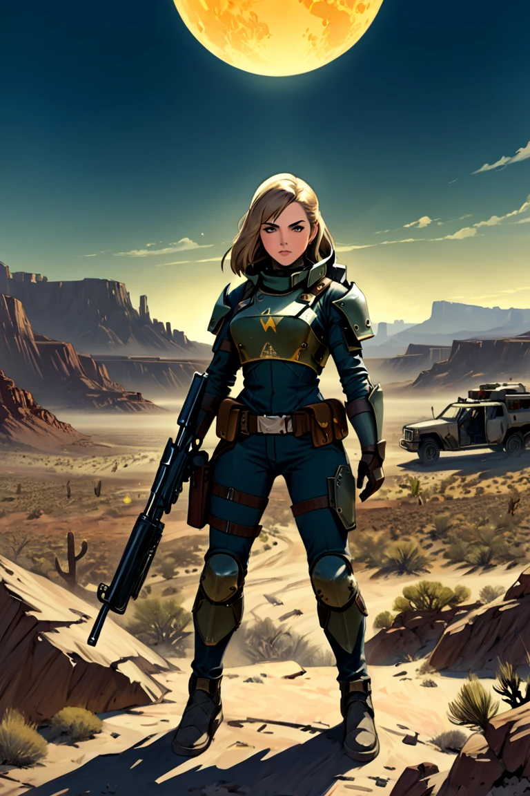 Game "Fallout New Vegas"(extremely intricate:1.2), Post apocalyptic scenario,  1girl ,weapon, 1girl, gun, armor, rifle, long_hair, figthing pose. a poster that says desert ranger protect our home,  pulp magazines, inspired by Gregory Manchess, # sci - fi,  fallout, hunter alone in the wilderness, depicted as a scifi scene, great old one, , outer worlds,Game "Fallout New Vegas" Post apocalyptic scenario, desolate atmosphere, dystopian landscape, comic style 1.0