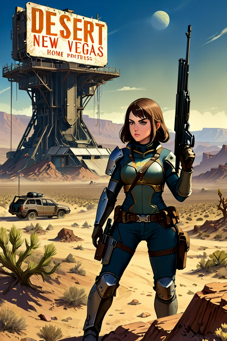 Game "Fallout New Vegas"(extremely intricate:1.2), Post apocalyptic scenario,  1girl ,weapon, 1girl, gun, armor, rifle, long_hair, figthing pose. a poster that says desert ranger protect our home,  pulp magazines, inspired by Gregory Manchess, # sci - fi,  fallout, hunter alone in the wilderness, depicted as a scifi scene, great old one, , outer worlds,Game "Fallout New Vegas" Post apocalyptic scenario, desolate atmosphere, dystopian landscape, comic style 1.0