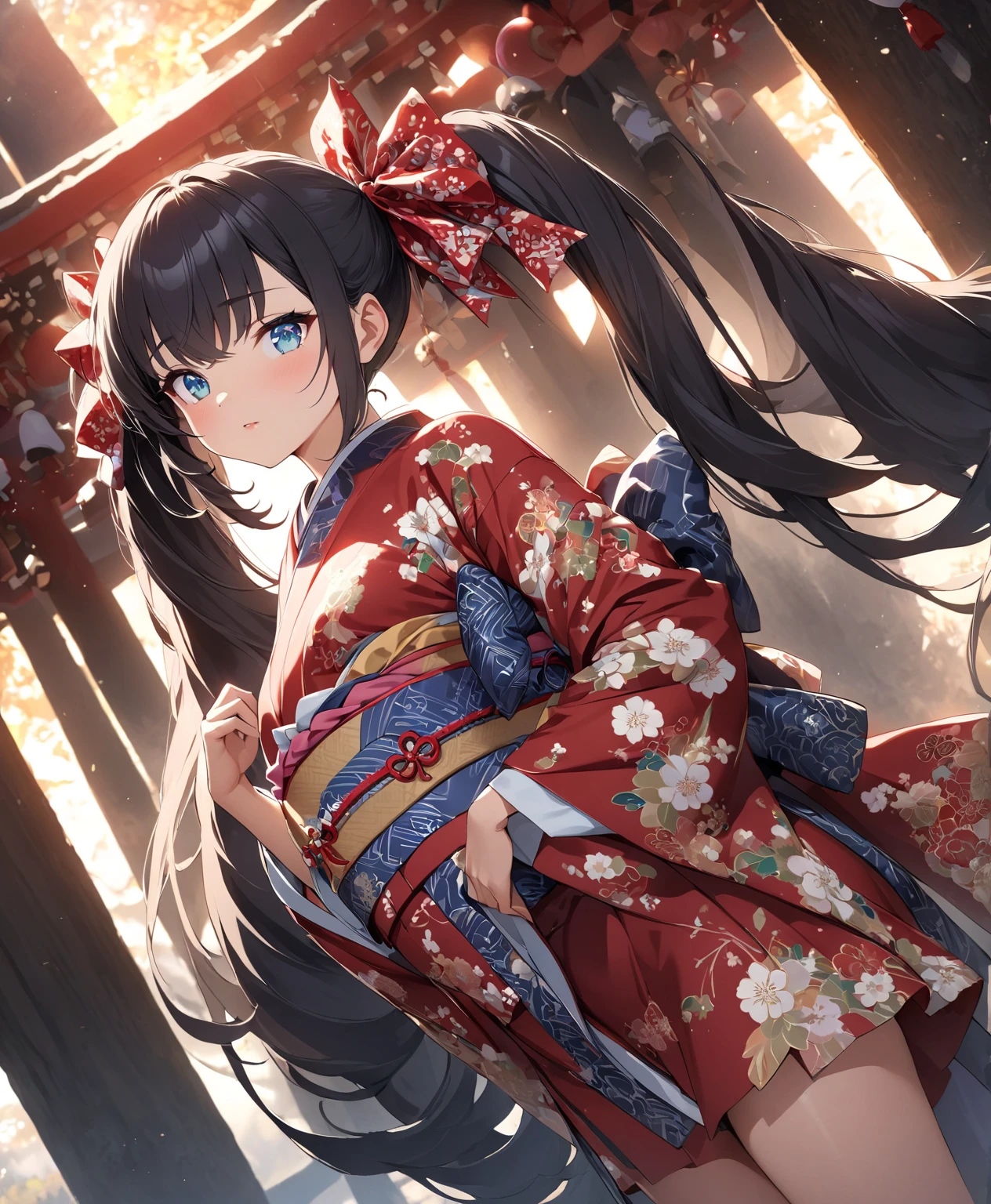 new year、 First Sunrise、 start rising、shrine、(bow)、 modern colored and patterned furisode、 close eyes、prayer、front view、( slim、1 person, cute young woman,  small breasts, black hair、very long hair、 twin tail hair 、Long side bangs、Azure Eyes、red large lace hair bow),delicate beautiful eyes , high definition , masterpiece, pictures of girls ,beautiful face、Beautiful Bangs, bangs between eyes, ( eyeliner , lipstick:0.9),,( sophisticated lighting and shadows ,  Extremely Dramatic Picture ,  cinematic lens effects ),,  sexy pose, (  is enough to make me proud of the background) (Excellent details, Excellent lighting, Wide angle), (Excellent rendering, I&#39;m so proud of my species),