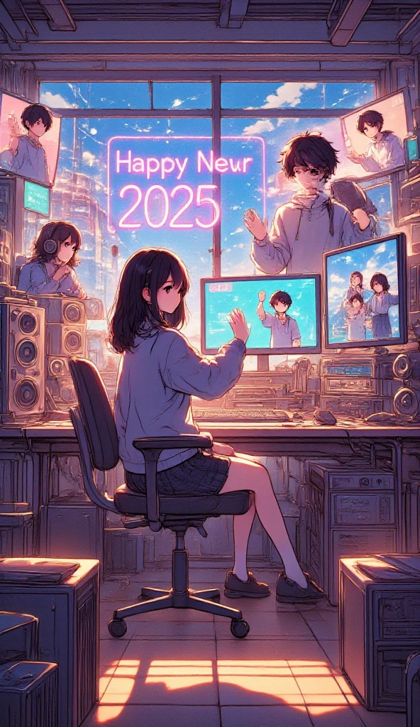 (masterpiece, high quality, high definition, 4k, 8k, detail), woman sitting at desk with multiple monitors (profile, smiling), bright room, waving to monitors with New Year's greetings, looking back, people from around the world on each monitor waving, large central monitor with “Happy New Year 2025” neon sign, LO-FI animation, online community New Year's  scene, structurally correct body/balance,