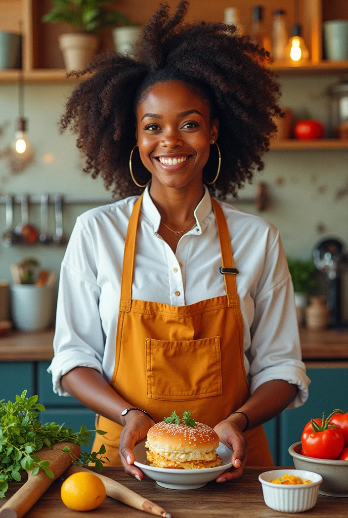 Une femme qui cuisine, well dressed, dark complexion , smiling , without a chicken in your mouth