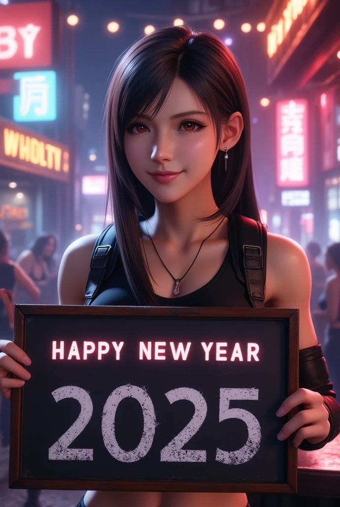 (masterpiece, Highest quality, 8k, Sharp focus, Depth of written boundary, Best Shadow, Perfect lighting, High resolution, Realistic skin texture, ultra-detailed background, detailed), Anime Style, Tifa Lockhart holding a Happy New Year 2025 sign (He is slim, compensate, eyeliner, Glitter), At the nightclub, Cyberpunk Theme,  Cyberpunk City.