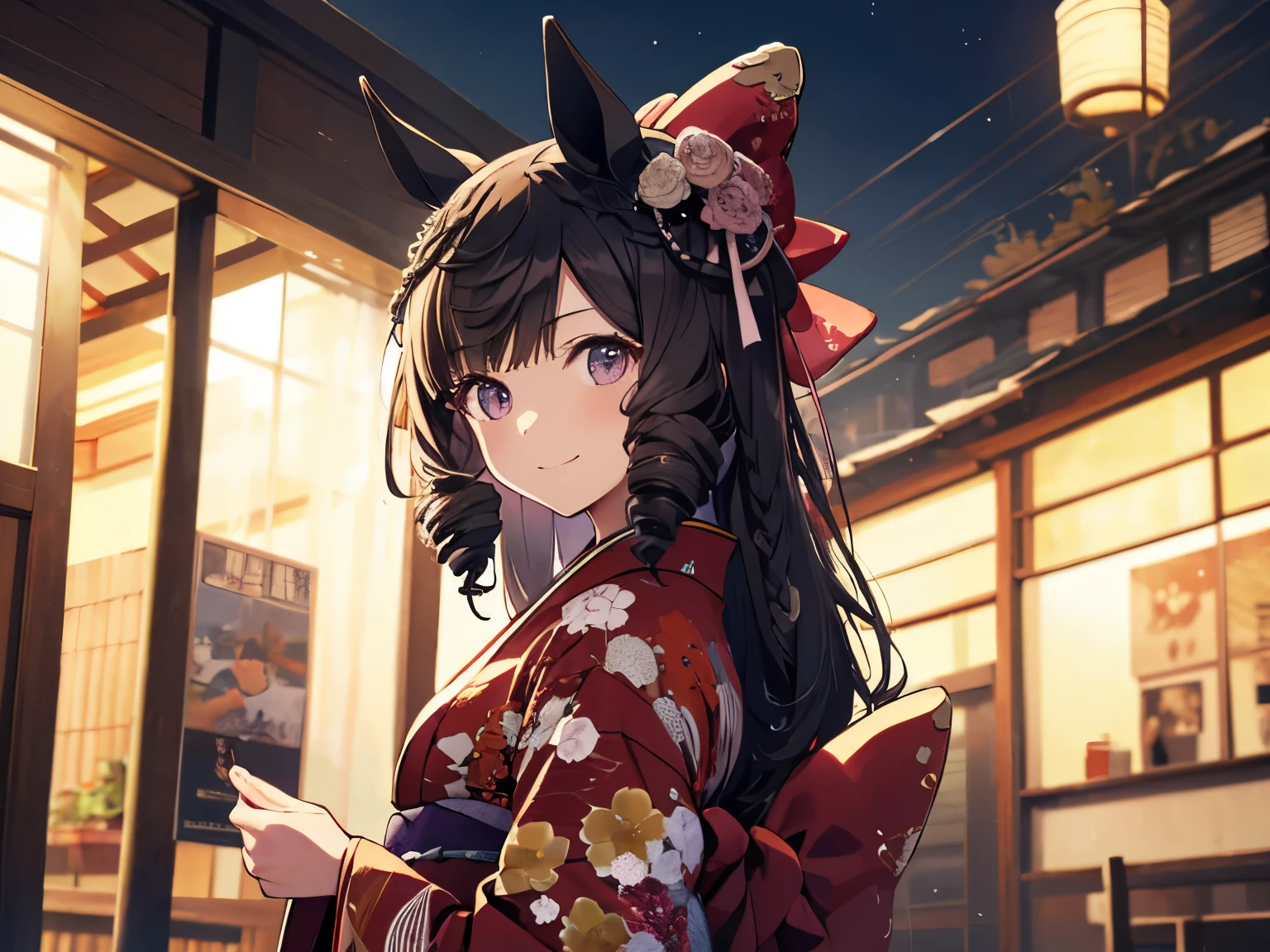 upper body、alone、A woman with horse ears、 kimono、smile、noblewoman pose、Turning around beauty、Midnight Hatsumode