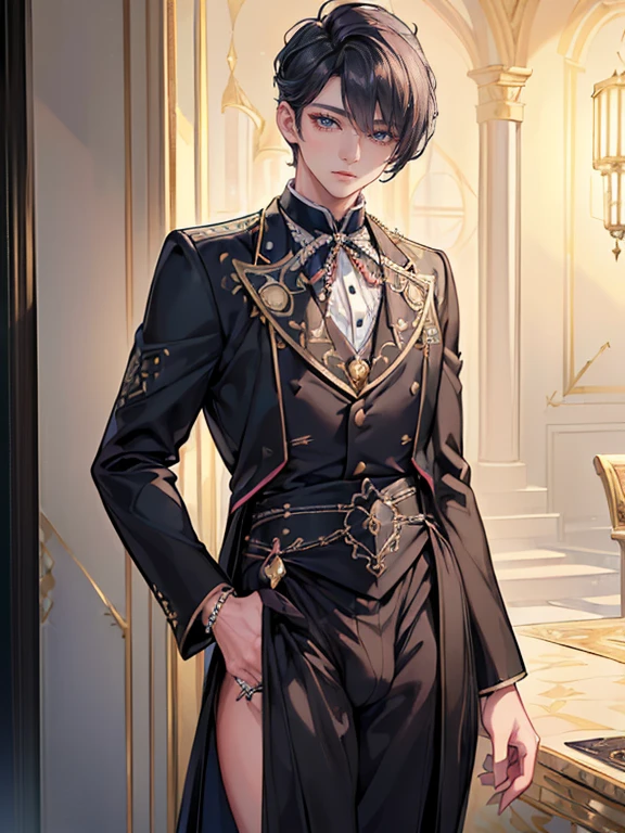 (masterpiece,best quality,ultra_detailed,highres,absurdres), (detailed shadow), (quality light), 1 (mature_male:2.5) (boy) (courtesan_schoolboy) (with bulge:1.5), 15-ish, (slanted_eyes:1.2), (muscleale focus), (solo:1.5), short black Quiff hair with Soft Fringe (bangs part on side 3:7 ratio), blue_eyes (detailed eyes), androgynous young beautiful pretty cute elegant (courtesan_schoolboy) (in modern_luxury_jeweled_ornamented_patterned_colored_courtesan_schoolboy_uniform:2.5) is (walking inside modern_elite_luxury_school:1.5), (eyelashes), (thigh_gap), pectorals, (wide_flat_chest, wide_shoulders:2.0), (big_wide_hips, big_wide_pelvis:2.0), (warm_smile:1.2), (thin_waist, dented_waist, waist_narrower_and_thinner_than_neck:1.8), (en_face, side_view:1.1), (swayback, curvy_waist, arched_back), short hair, looking at viewer, parted lips, ((PERFECT_FACE)), ((finely_detailed_beautiful_eyes_and_detailed_face)), (best_illumination, best_shadow, an_extremely_delicate_and_beautiful)