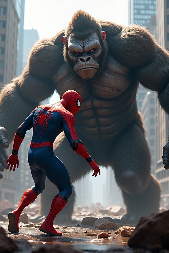 Spider man and big gorilla roar at each other's faces