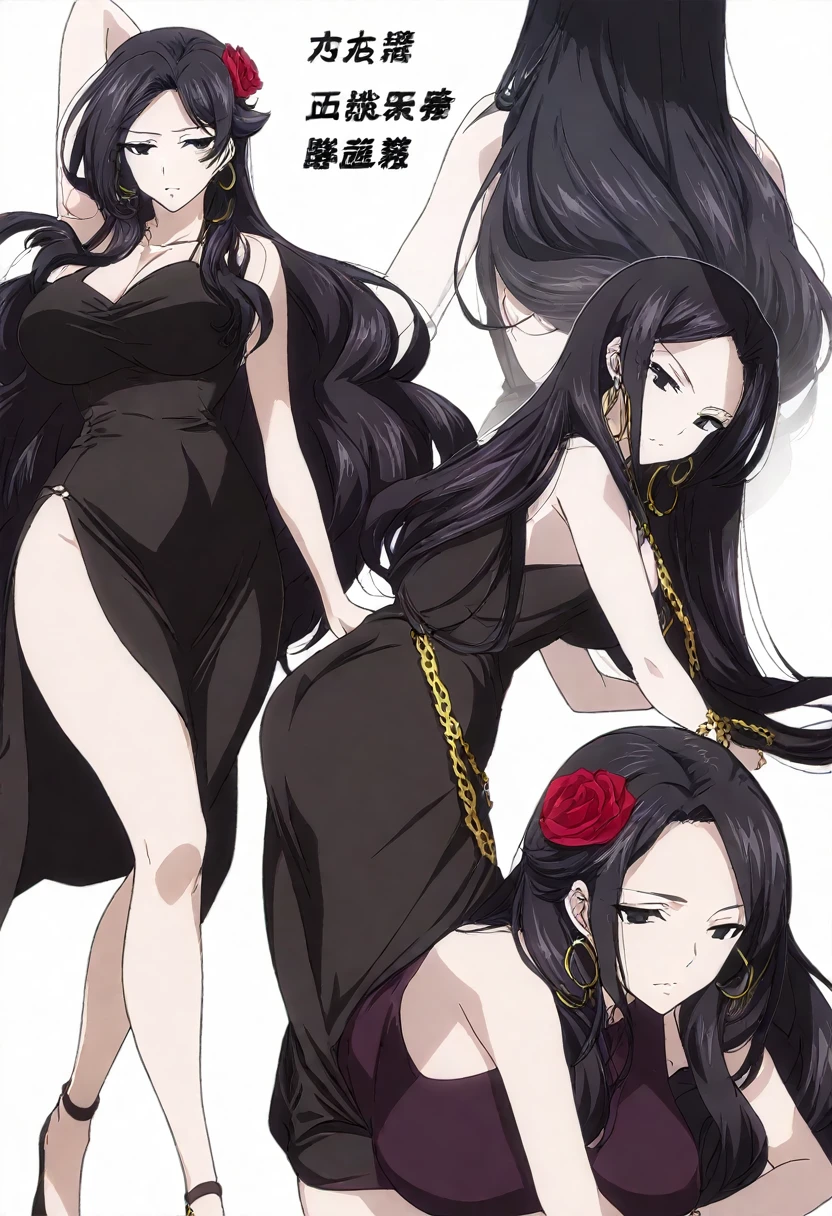 woman, long hair, black hair, hair ornament, pigtails, flower, hair flower, black eyes, pale skin, pigtails, bright pupils, large breasts, highly detailed, detailed eyes, ears under eyes, dark circles, thighs, knees, seductive gaze, modakawa dress, golden chain, tight dress, hip slit, low neckline, straps crossed at back, tight dress, evening dress, hoop dress, black dress, backless dress, white background, character sheet