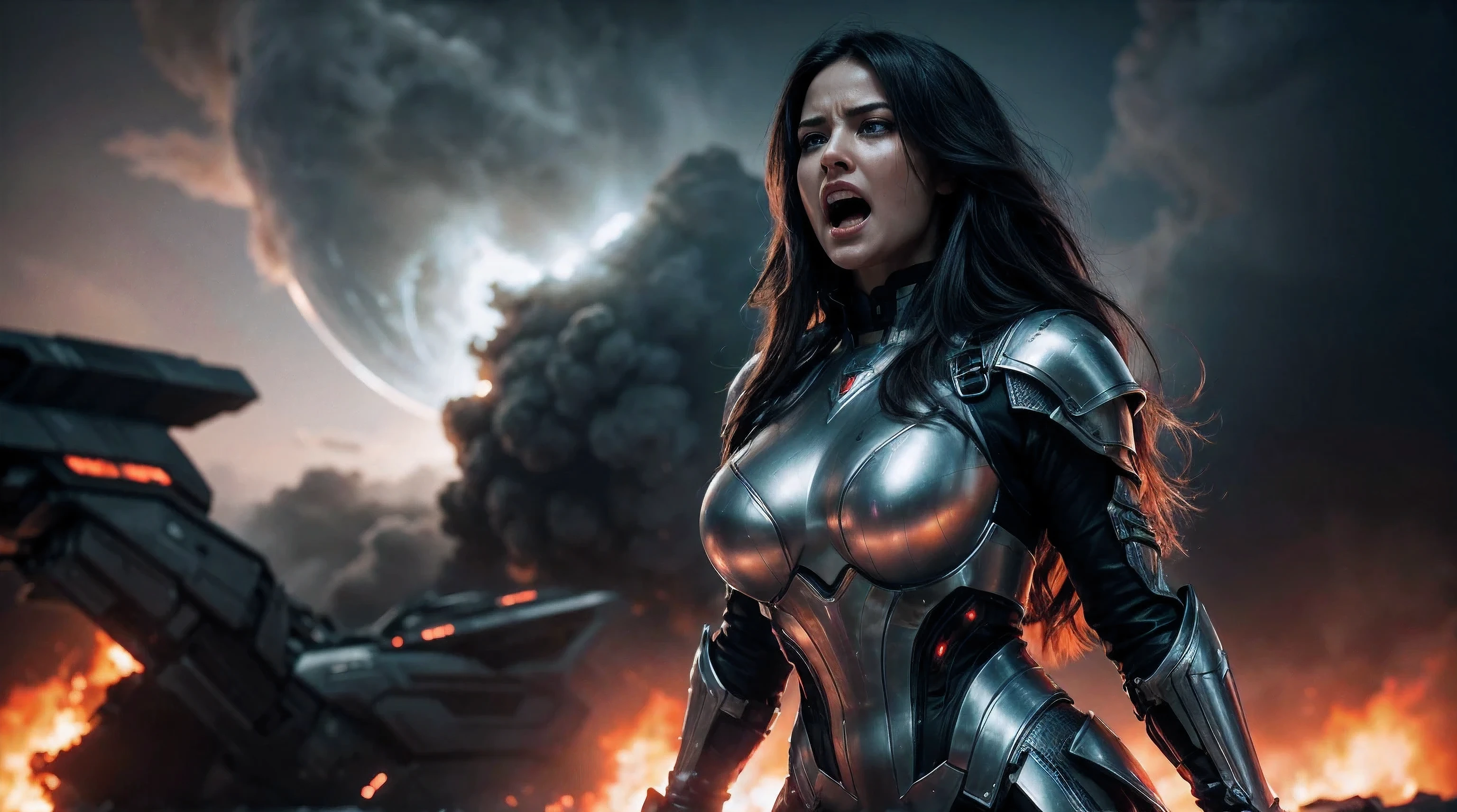 beautiful, voluptuous woman, dressed in tight black leather, in an attack posture, throwing fireballs with her hand, in an apocalyptic setting