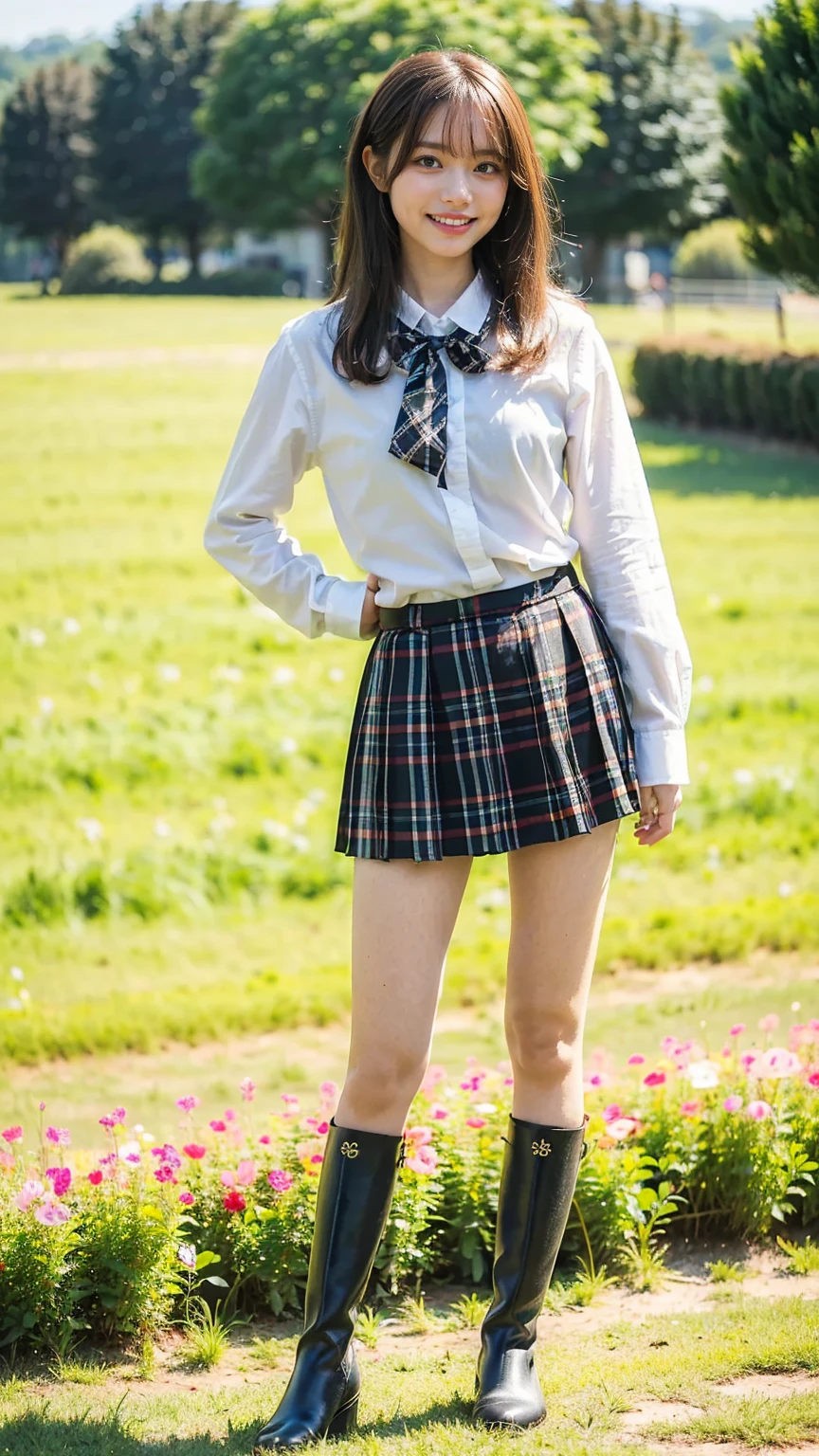 (8k、     RAW photos   、   top quality、masterpiece   :1.2)、(   realistic  、   realistic  )、1 person、((bangs、Ribbon on chest、 boots、 shirt、 Long Sleeve 、smile、whole body、 Black Plaid Mini Skirt、Flower Field、Narrow waist、 curled hair 、  standing facing you   )、 cute