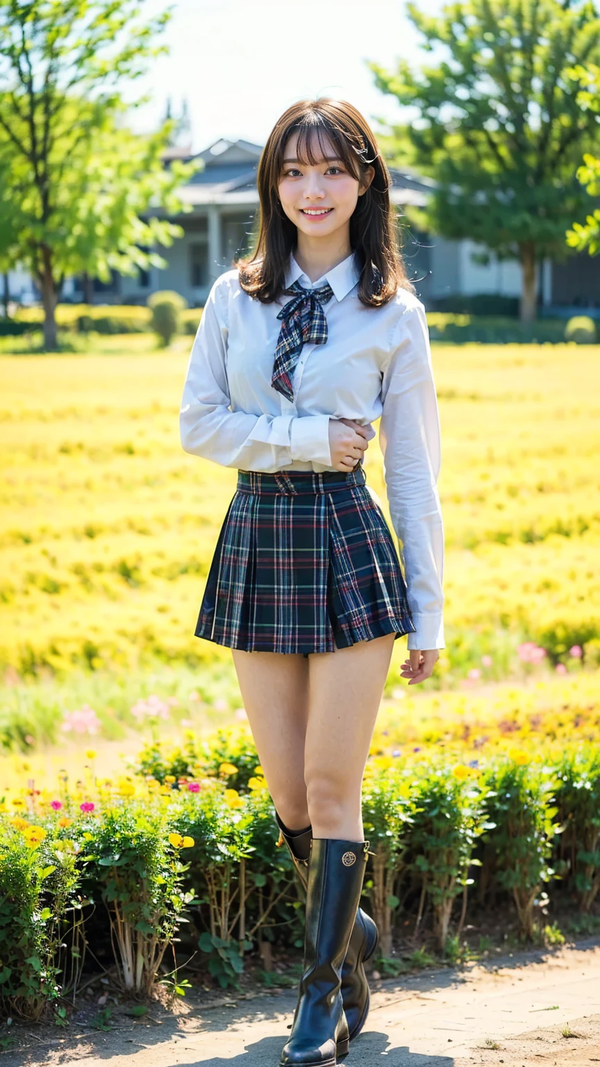 (8k、     RAW photos   、   top quality、masterpiece   :1.2)、(   realistic  、   realistic  )、1 person、((bangs、Ribbon on chest、 boots、 shirt、 Long Sleeve 、smile、whole body、 Black Plaid Mini Skirt、Flower Field、Narrow waist、 curled hair 、  standing facing you   )、 cute