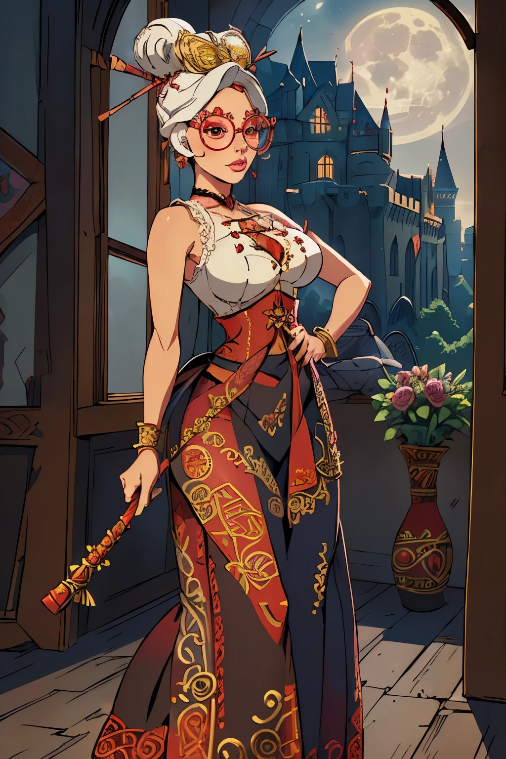 ((Masterpiece, standing,Best Quality, Purah, White Hair, brown Eyes, Red Headband, Hair Ornament, Hair Sticks, Red Glasses, shy, Smug)), ((pink lipstick, Extremely detailed, ambient soft lighting, 4k, perfect eyes, a perfect face, perfect lighting, a 1girl)), ((black corset, red skirt, ((long skirt, embroidered long skirt, red long skirt)), printed skirt, lace corset, choker, castle, abandoned castle, window, full moon, flower vase, frame, bracelets, earrings, gold jewelry))