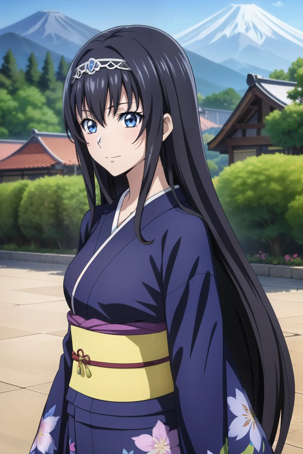 from side, 1 girl, cute, black hair, long hair,1girl, ((kimono)), ((floral print)), long sleeves, smile, hair band, walking, waving, (anime cels style, Masterpiece, best quality, high resolution, anime colored, anime style, anime sharp, 8k), (beautiful blue eyes:1.5), (perfect detailed anatomy, perfect hand, beautiful face, perfect body, shiny skin), Fuji mountain in the background