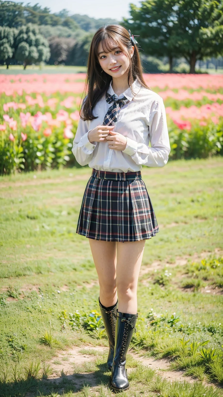 (8k、     RAW photos   、   top quality、masterpiece   :1.2)、(   realistic  、   realistic  )、1 person、((bangs、Ribbon on chest、 boots、 shirt、 Long Sleeve 、smile、whole body、 Black Plaid Mini Skirt、Flower Field、Narrow waist、  standing facing you   )、 cute