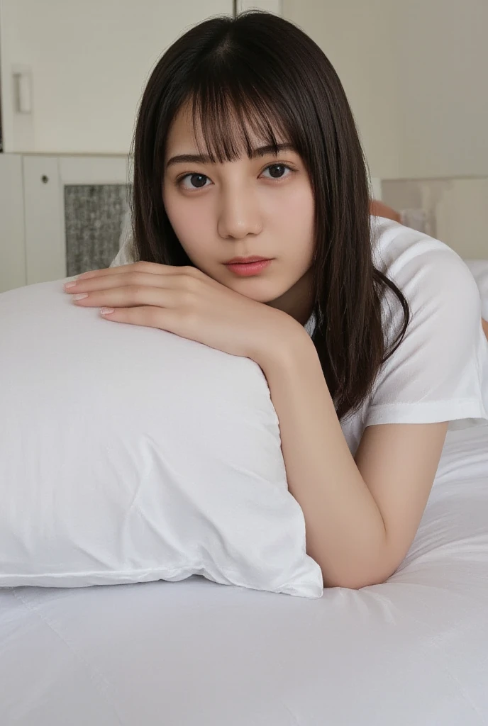 The high resolution photograph of a young Japanese woman, realistic, photo-realistic, masterpiece, best quality, intricate details, extremely detailed, sharp focus, professional lighting, (bust shot, front view, from above:1.2), solo, 1girl, (lying in a bed, on back, head on pillow, sleeping posture:1.4), slender body, small head, straight long black hair with blunt bangs, pale skin, fine-textured skin, shiny skin, natural make-up, tiny breasts, t-shirt, covered nipples, sensual face, seductive eyes, seductive posing for gravure photography, anatomically correct proportions, indoors, home, bedroom,