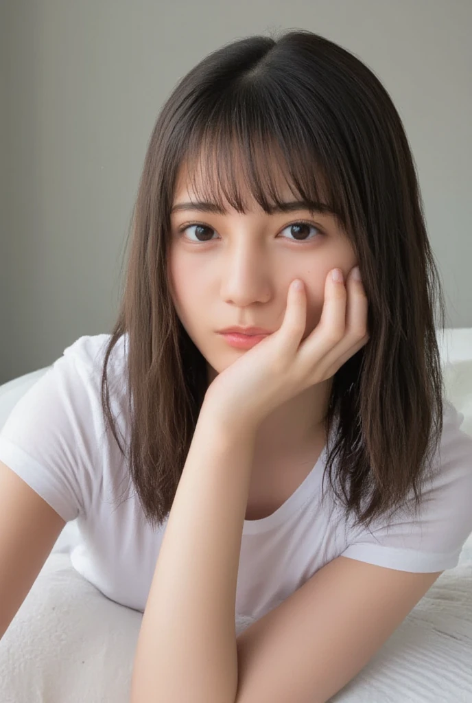 The high resolution photograph of a young Japanese woman, realistic, photo-realistic, masterpiece, best quality, intricate details, extremely detailed, sharp focus, professional lighting, (bust shot, front view, from above:1.2), solo, 1girl, (lying in a bed, on back, head on pillow, sleeping posture:1.4), slender body, small head, straight long black hair with blunt bangs, pale skin, fine-textured skin, shiny skin, natural make-up, tiny breasts, t-shirt, covered nipples, sensual face, seductive eyes, seductive posing for gravure photography, anatomically correct proportions, indoors, home, bedroom,