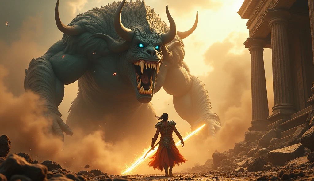 (photorealism:1.2),lord ram kill the ravan having 10 head with the dhanushban 