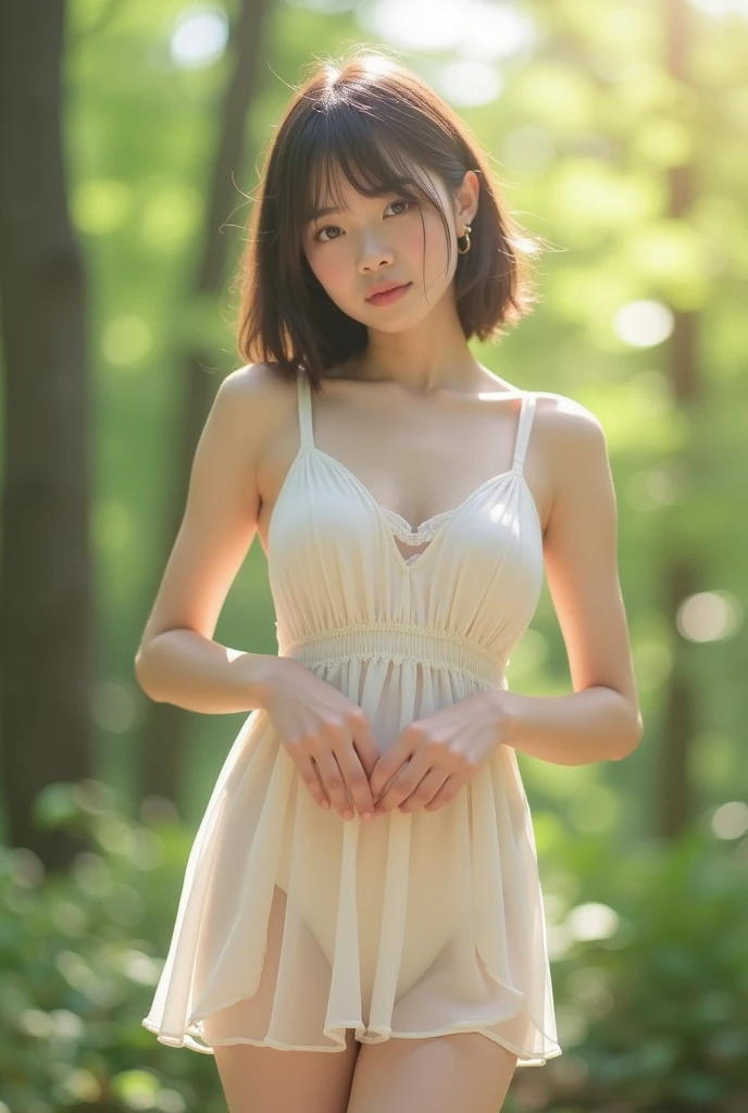 ((top quality, 8k, masterpiece: 1.3, raw photo)), Sharp Focus: 1.2, (1 aespa girl: 1.2), (Realistic, Photorealistic: 1.37), (face focus: 1.1), cute face, small breasts, flat chest, short hair, sitting, spread legs, from below, sunlight, movie lighting, A beautiful girl wearing a white chiffon dress and staring at the countryside at dusk